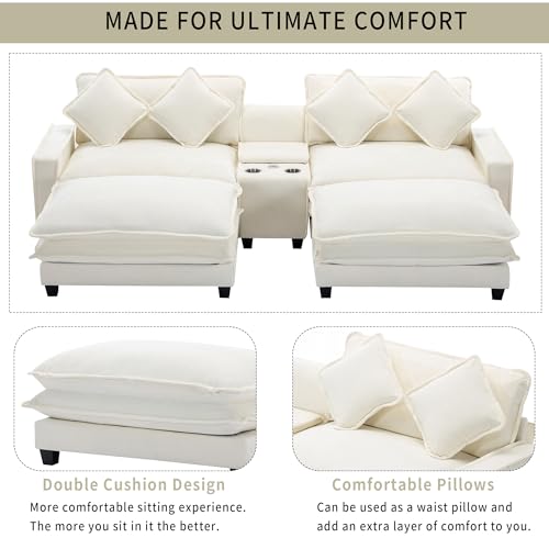 Sectional Sofa with Removable Ottoman, USB Ports, Cup Holders and Storage, 2-Seat, Beige J5144