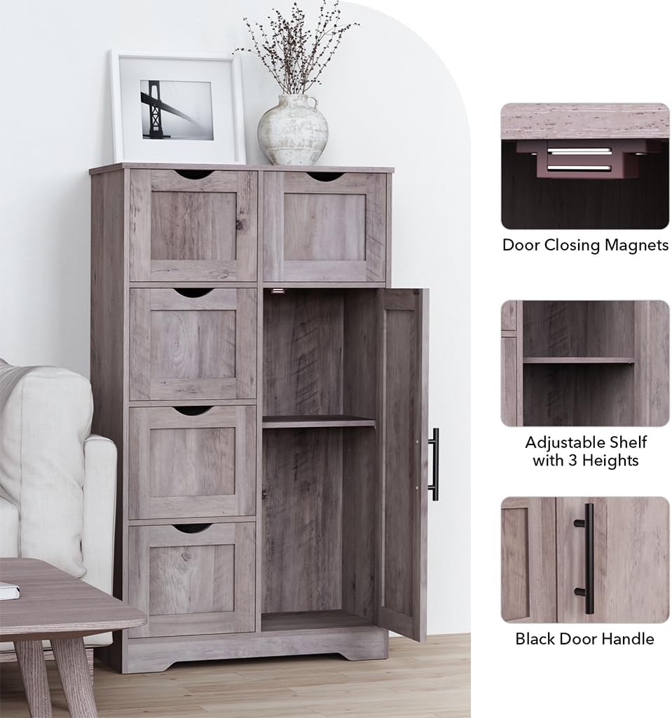 Bathroom Floor Storage Cabinet with 4 Drawers and Adjustable Shelves K979