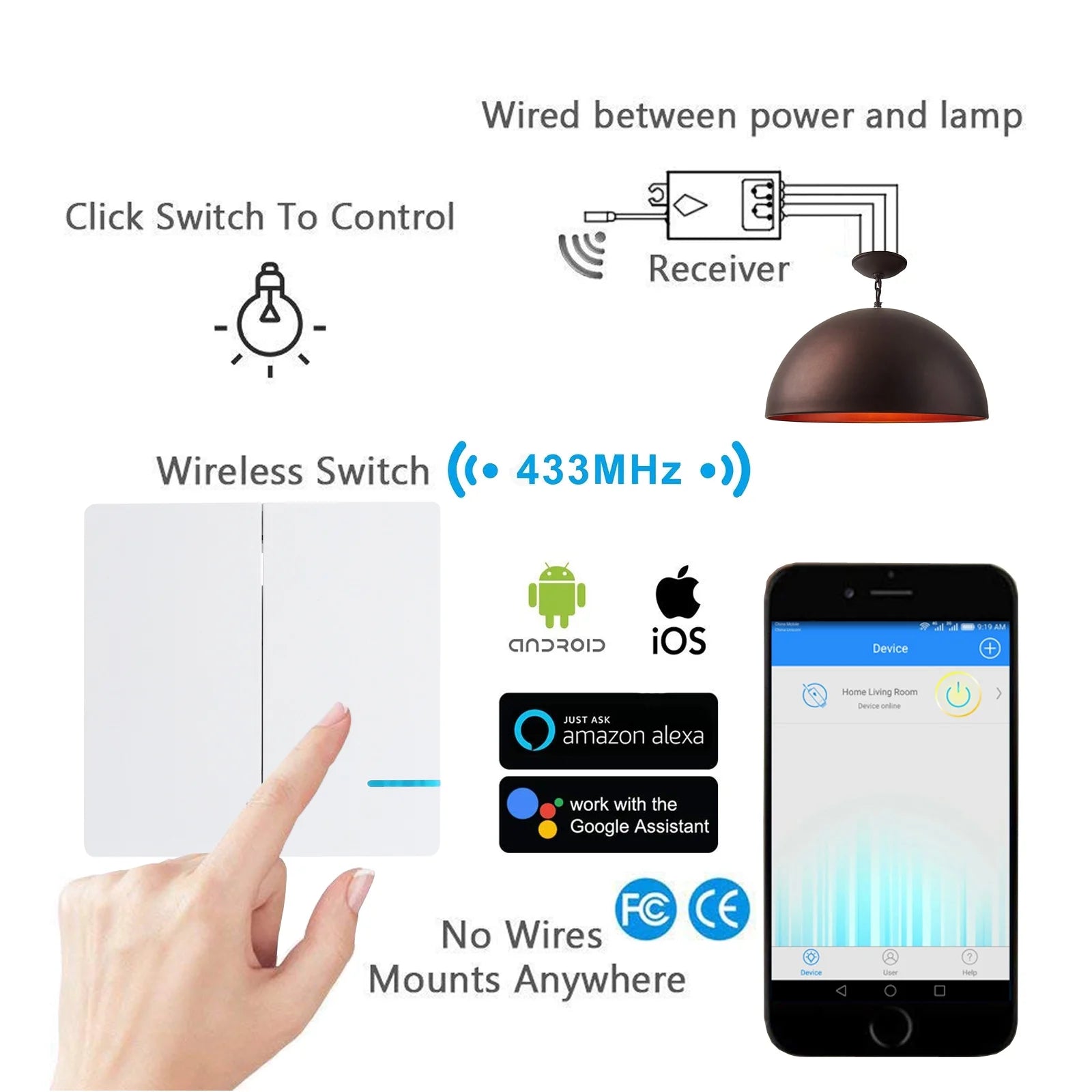 Smart Light Switch WiFi Wall Wireless 2-Gang with Remote Control and Timing Function E449633