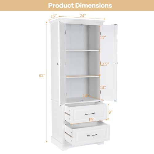 Kitchen Pantry Cabinet 62" Floor Storage with 2 Drawers and Adjustable Shelves S38827