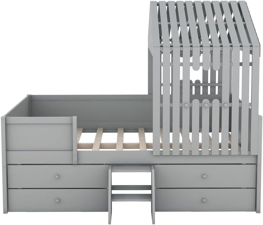 Low Loft Bed with Four Drawers, Gray N48078