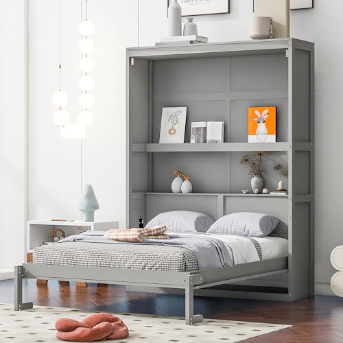 Voohek Full Size Murphy Bed with 2 Tier Shelves, Folding Bedframe w/Flexible Slats Support, Space-Saving Design, Can Be Folded Into A Cabinet, for Kids, Teens, Adults, No Box Spring Needed (White)