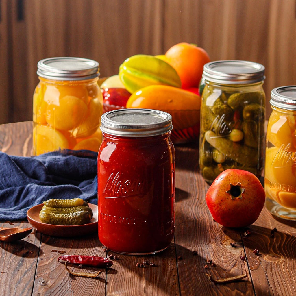 Wide Mouth Mason Jars 32 oz - 12 Pack with Airtight Lids and Bands Y1939