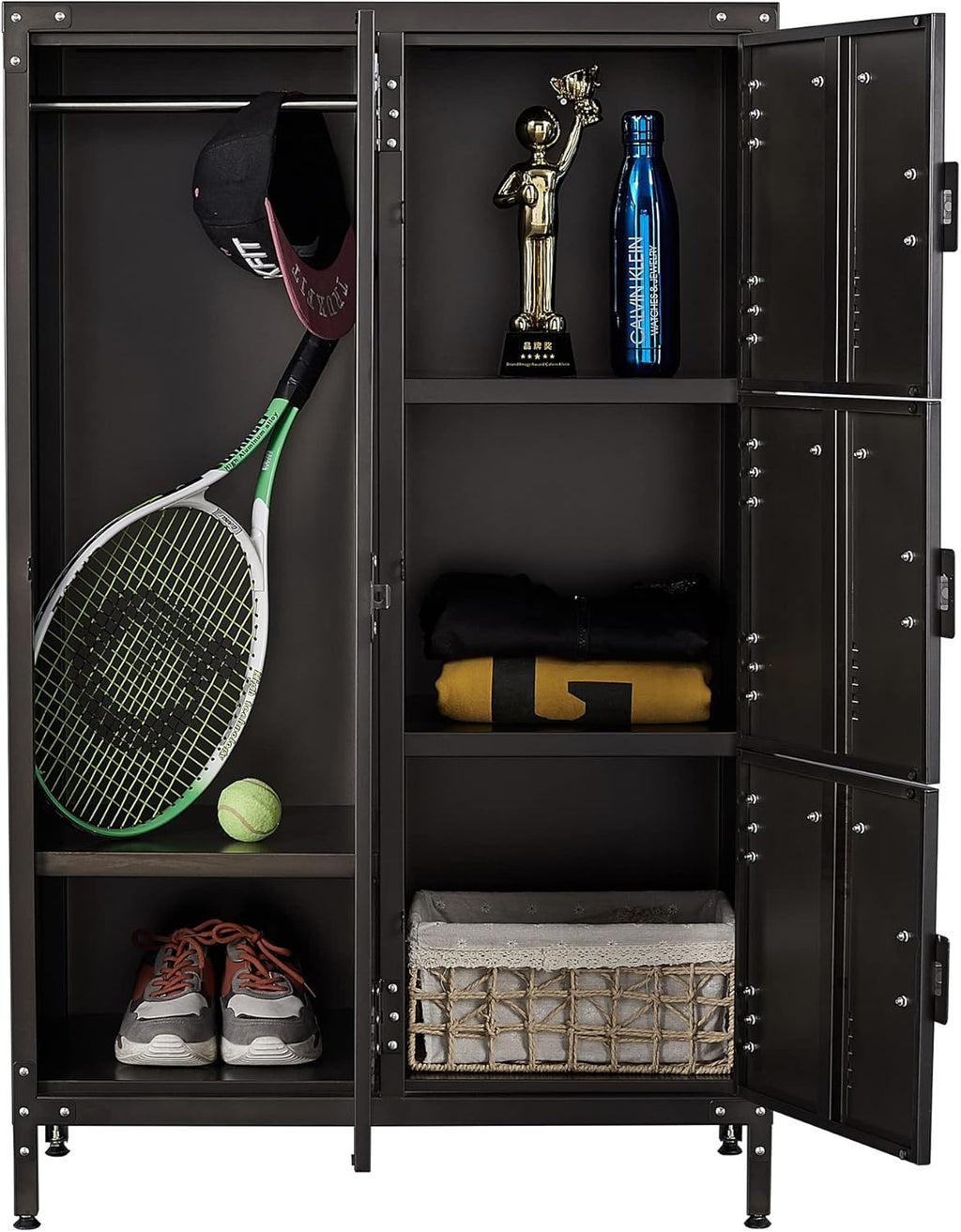 Metal Locker Storage Cabinet, 55" Steel Retro Wardrobe, 4 Doors Lockable S6176