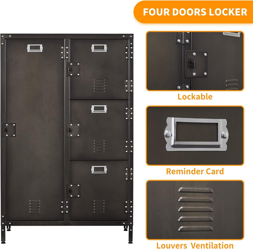 Metal Locker Storage Cabinet, 55" Steel Retro Wardrobe, 4 Doors Lockable S6176