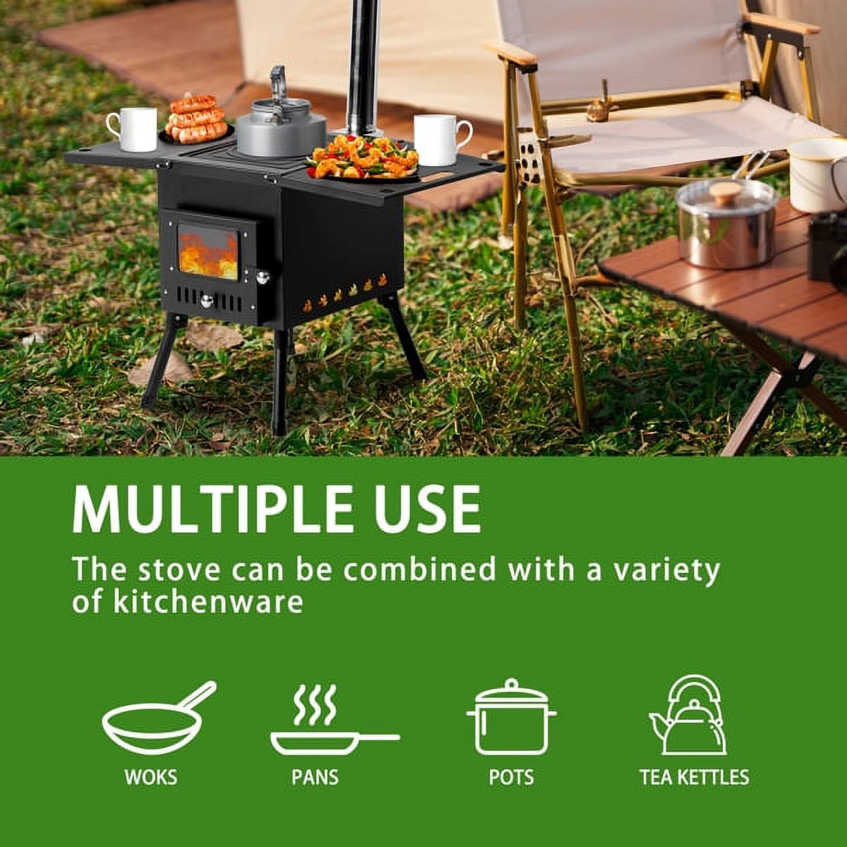 Outdoor Wood Burning Stove with Chimney Pipes for Camping, Cooking, Ice Fishing G379328