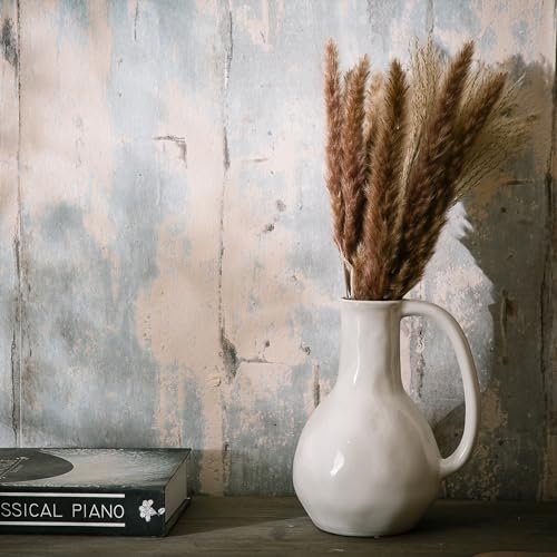 White Ceramic Vase with Double Handle, Rustic Glazed Decor P7017