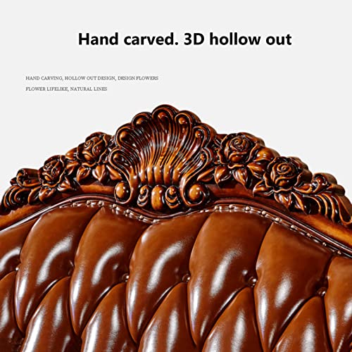 Solid Wood Carved Leather Sofa for Living Room with Pillows Stool A2915