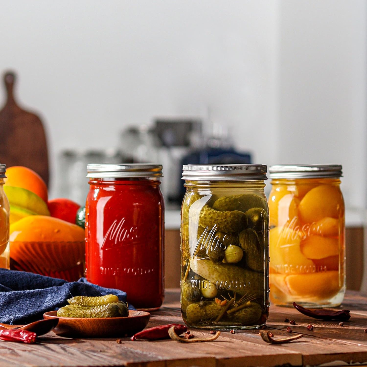 Wide Mouth Mason Jars 32 oz - 12 Pack with Airtight Lids and Bands Y1939