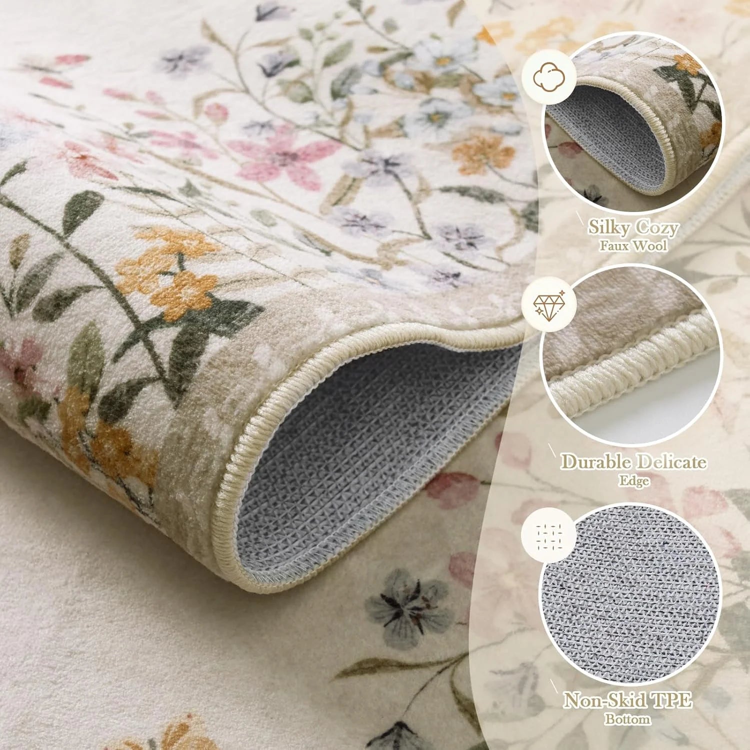 Washable Green Floral Area Rug 4x6, Non-Slip Low-Pile Indoor Carpet O8865