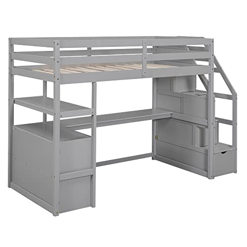 Loft Bed with Built-in L-Shaped Desk and Bookshelves, Solid Wood Frame with Safety Guardrail and Storage Staircase B5339