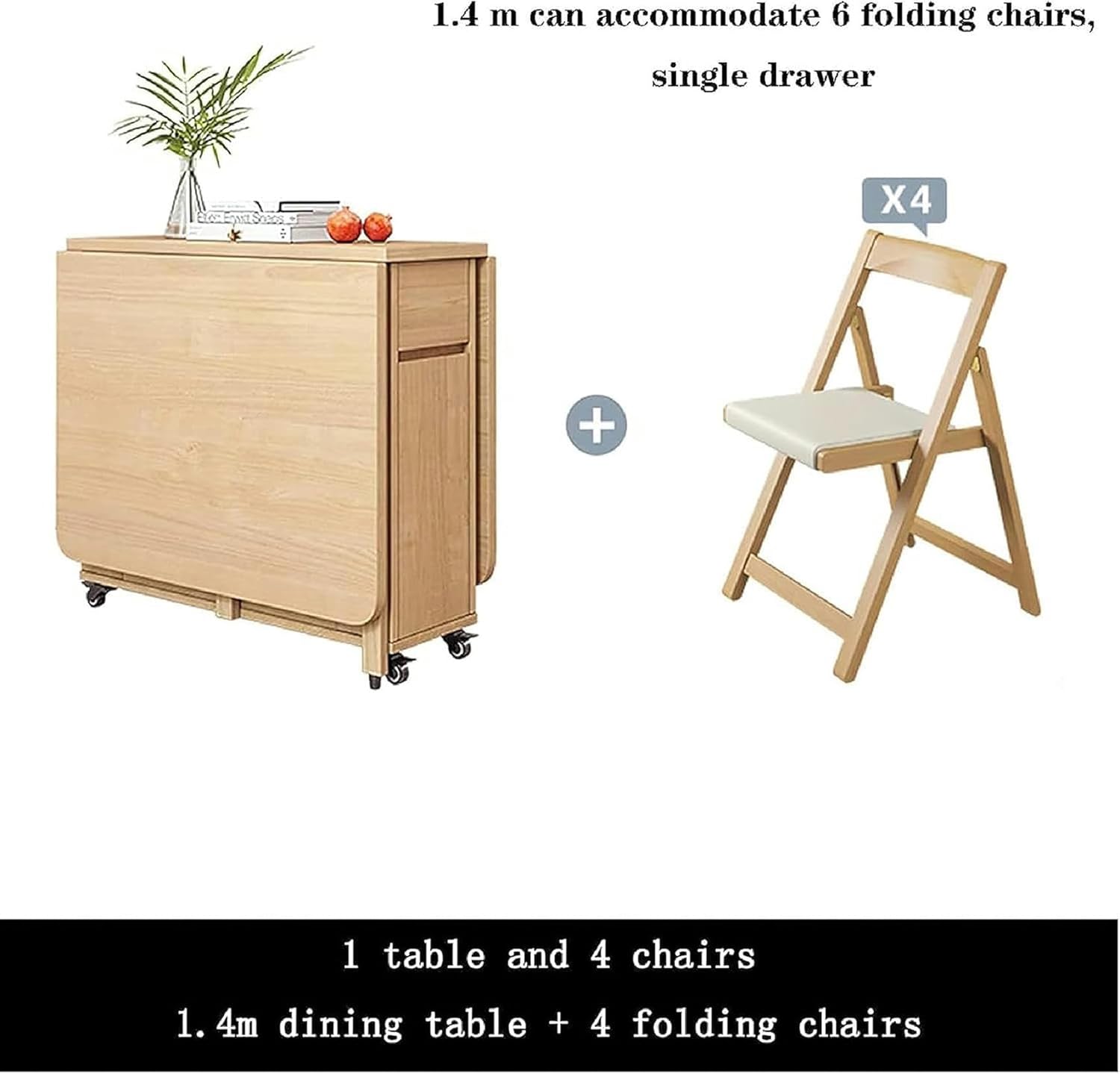 Wooden Extendable Dining Table Set with 4 Chairs, Drop Leaf, Wheels, 1 Drawer Q238