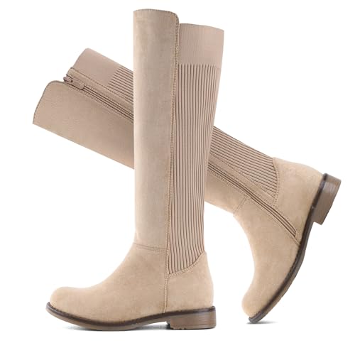 Shoe'N Tale Women's Knee High Boots Flat Low Heel Stretchy Round Toe with Side Zipper