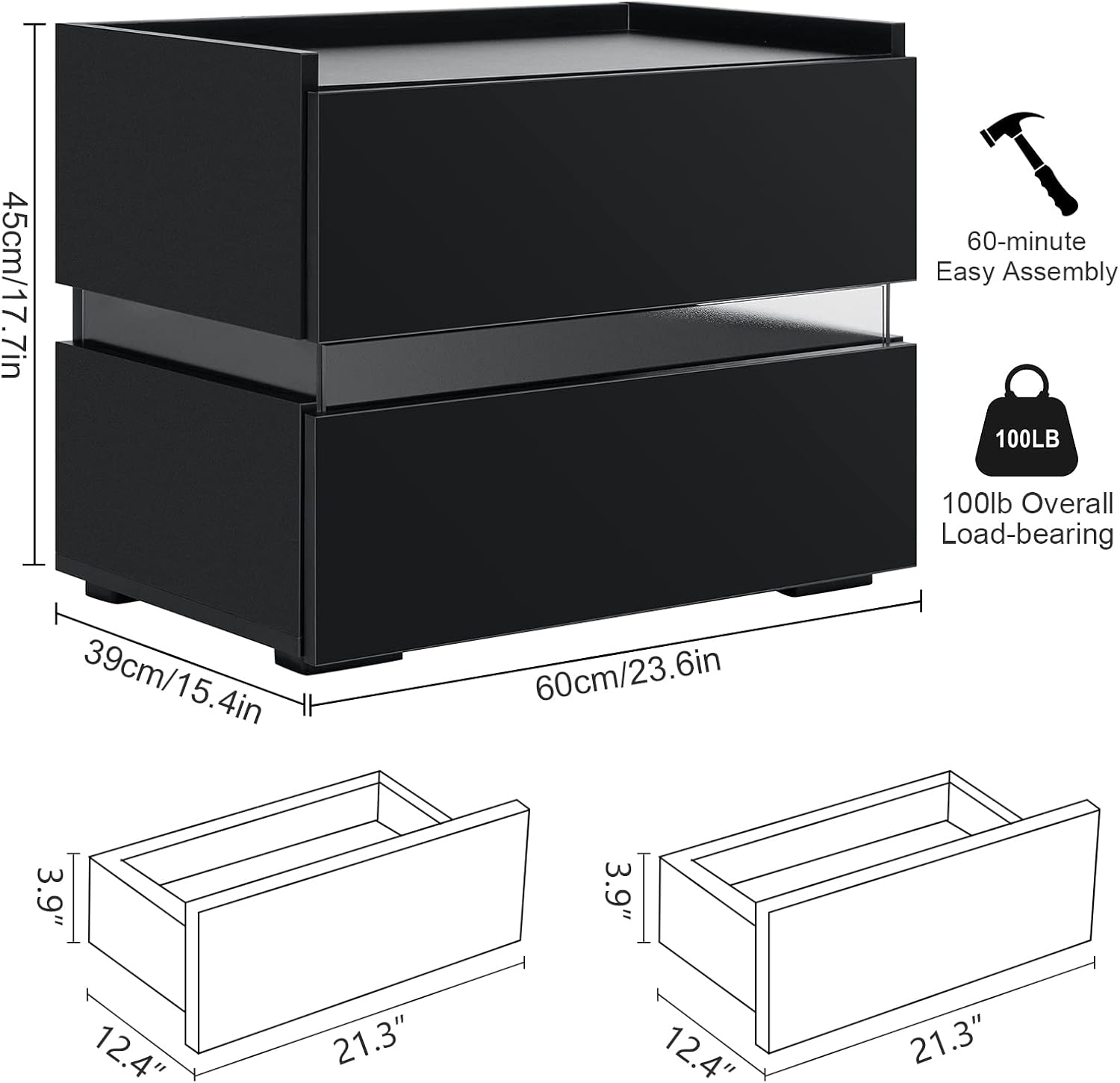 LED Nightstand with 2 Drawers, Black High Gloss Bedside Table W1059