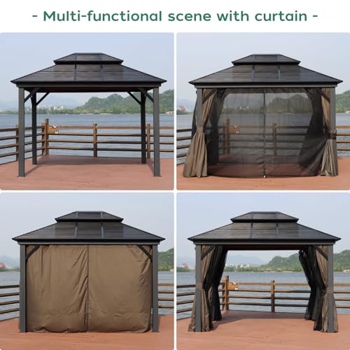 Outdoor Hardtop Gazebo 10x12FT with Double Roof and Netting I84902