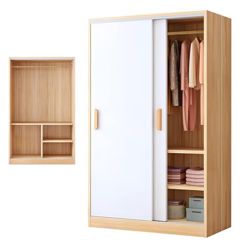 Modern Wood Double Sliding Door Bedroom Wardrobe,Freestanding Clothes Cabinet with Shelves and Clothing Rods, Large Capacity Saves Space Wardrobe Armoire(31.5x17.7x70.8in, Walnut)