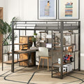 Modern Full Size Metal Loft Bed with Storage Staircase and Small Wardrobe, Multi-functional Metal Loft Bed Frame with Built-in Desk and Storage Shelves (White/L7)