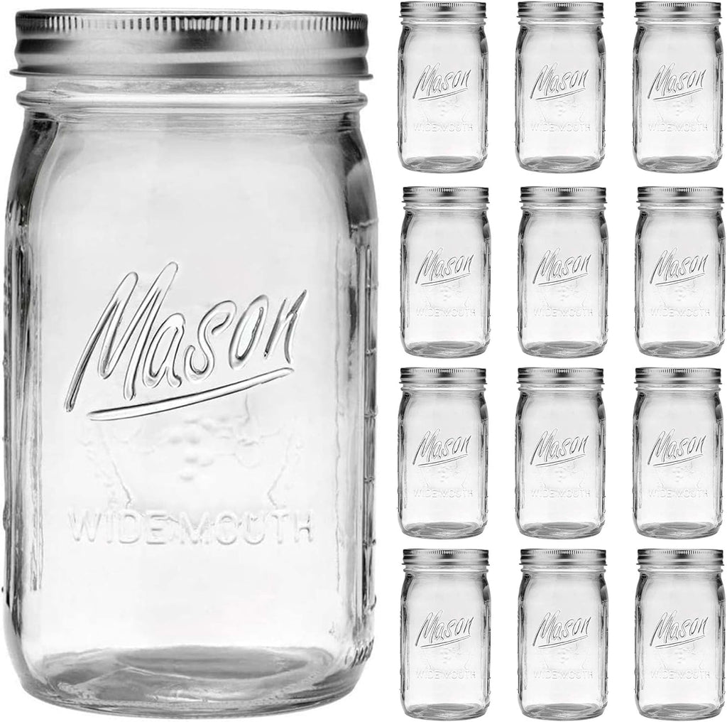Wide Mouth Mason Jars 32 oz - 12 Pack Large Glass Mason Jars with Airtight Lids and Bands, 1 Quart Mason Jars for Pickling, Canning, Fermenting and Food Storage, Microwave & Dishwasher Safe