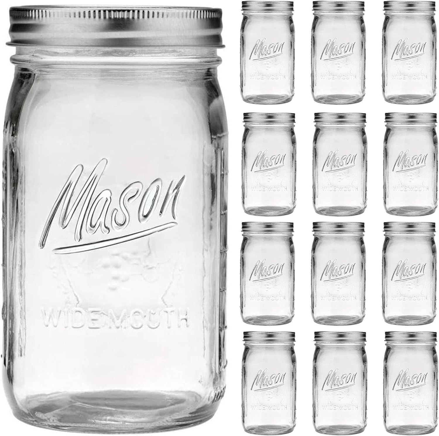 Wide Mouth Mason Jars 32 oz - 12 Pack Large Glass Mason Jars with Airtight Lids and Bands, 1 Quart Mason Jars for Pickling, Canning, Fermenting and Food Storage, Microwave & Dishwasher Safe