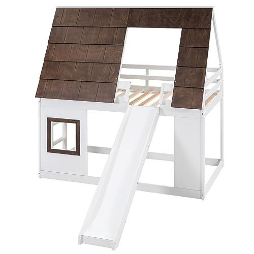 Twin-Over-Twin House Bunk Bed with Storage and Staircase, Gray+White V121339