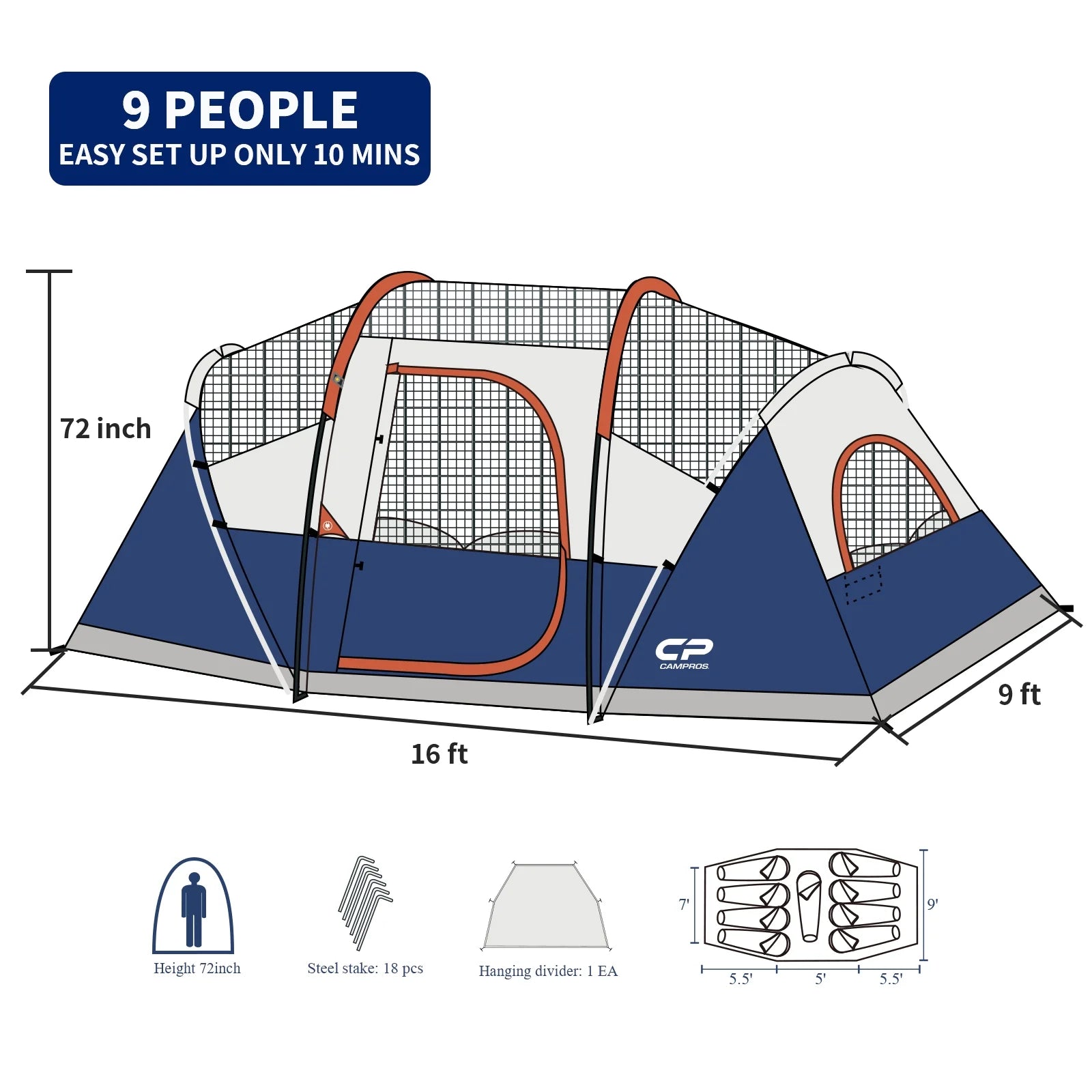 9 Person Camping Tent, Easy Set Up, Waterproof, Room Divider C69764