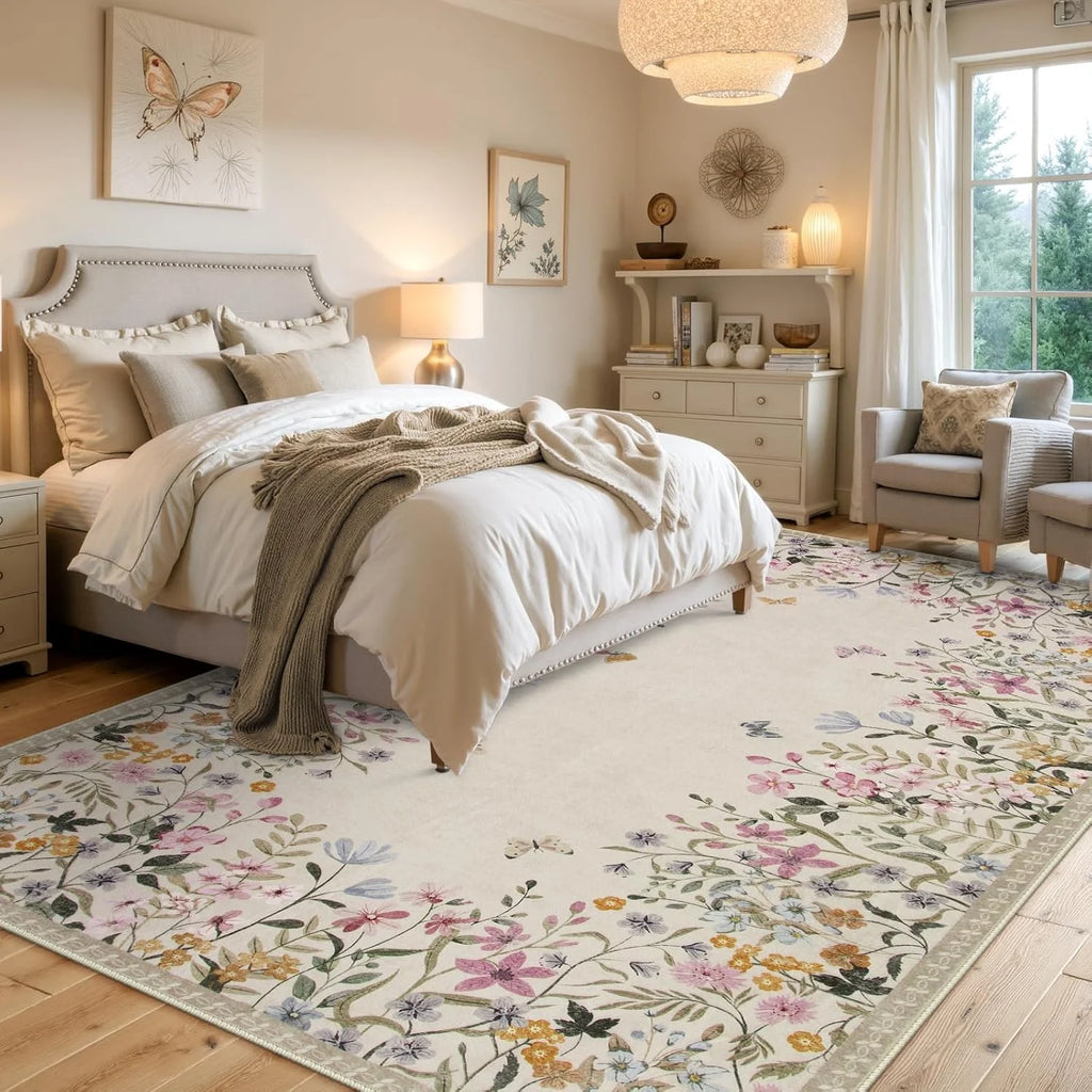 Washable Green Floral Area Rug 4x6, Non-Slip Low-Pile Indoor Carpet O8865
