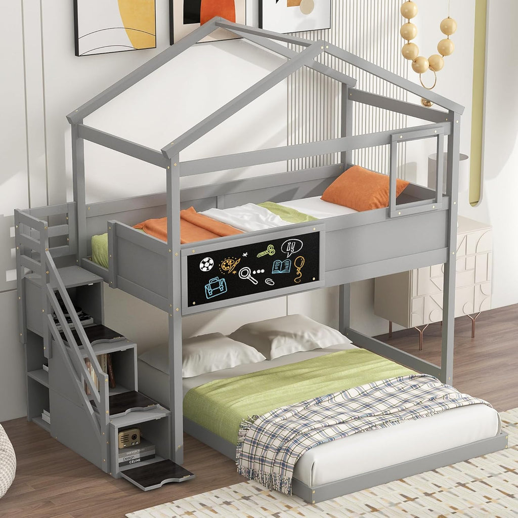 L-Shaped Twin Over Full House Bunk Bed with Storage Stairs and Blackboard, Wood Playhouse Bunk Beds with Roof and Guardrails for Kids Boys Girls Teens, Gray