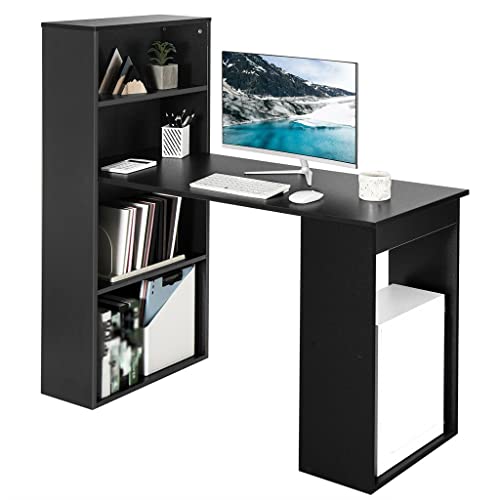 Computer Desk Writing Workstation Office with 6 Tier Storage Shelves in Black Desk (D As shown)