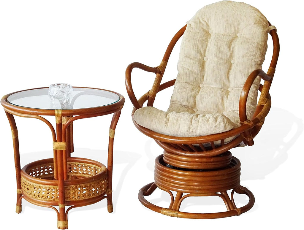 Wickerix 2 PC Java Swivel Rocking Chair Natural Handmade Rattan Set: Lounge Arm Chair w/Cream Cushion and Coffee Table, Colonial
