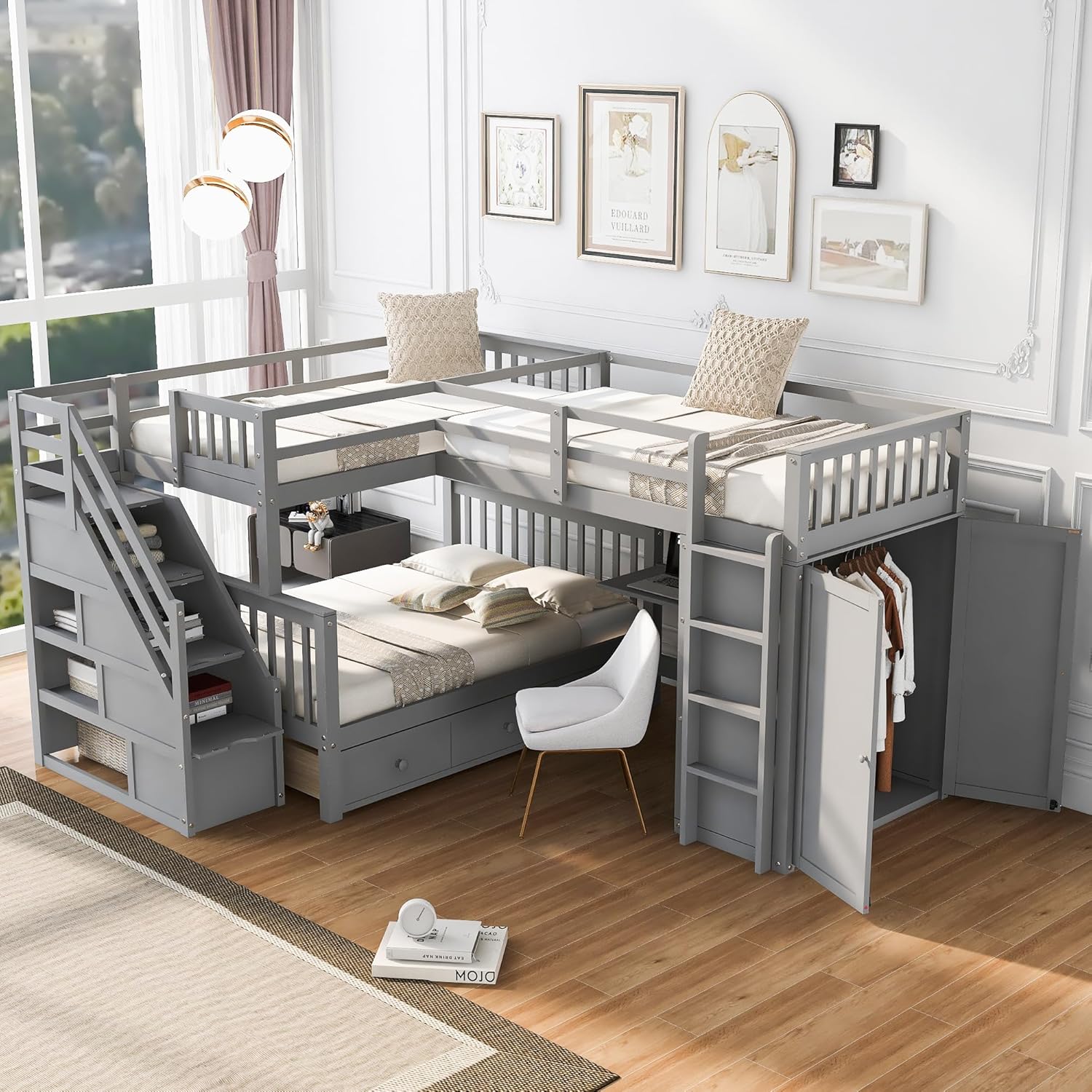 Triple Bunk Bed, Twin Over Twin Over Full Wooden Stairway Bunkbed with Portable Desk, Storage Drawers&Stairs and Wardrobe, Space-Saving Design for Bedroom, Apartment, Dorm, Gray