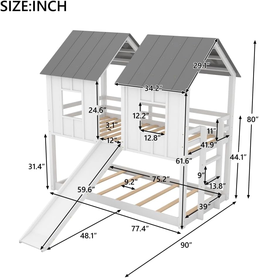 Twin Over Twin House Bunk Bed with Slide and Windows, White L7376