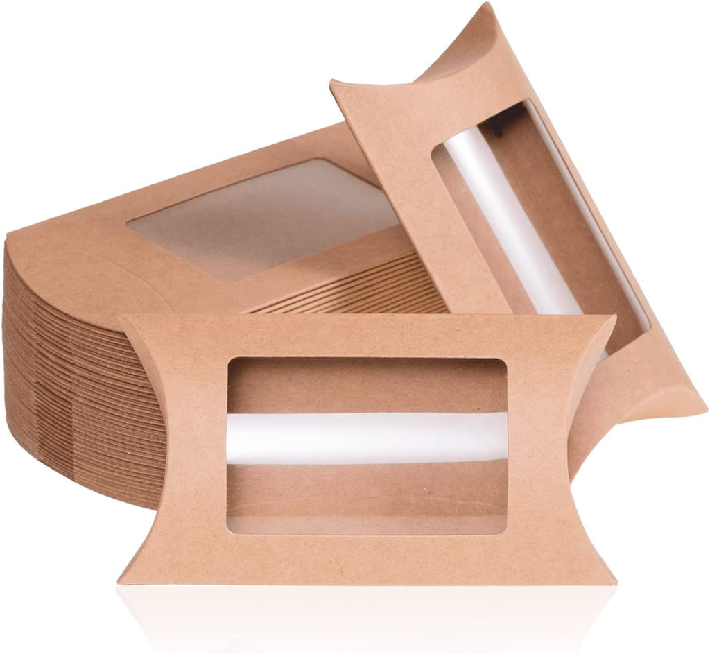 MATICAN Pillow Boxes, 40-Pack Pillow Gift Boxes with Windows, Kraft Mini Favor Boxes, 5 x 3 x 1.2 inches