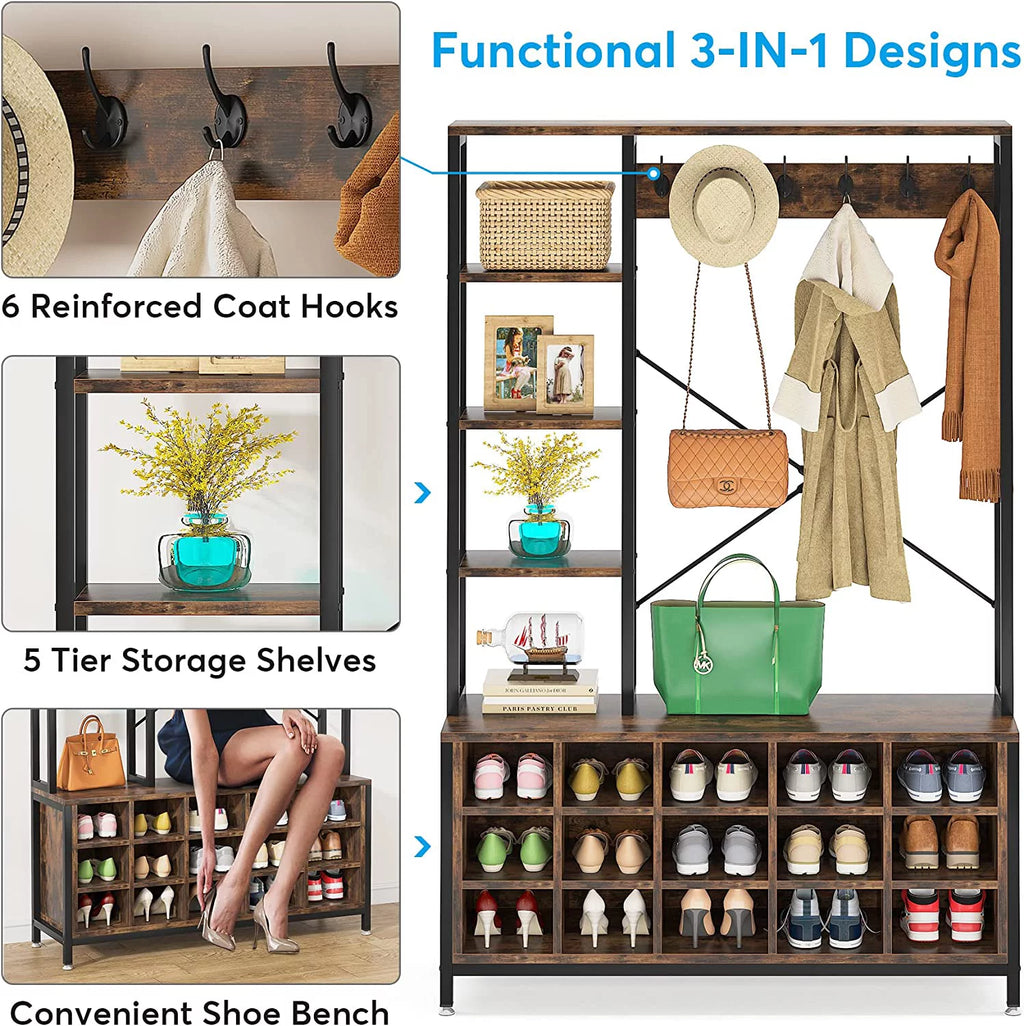 Entryway Hall Tree with Bench, Shoe Storage, and Coat Rack X548