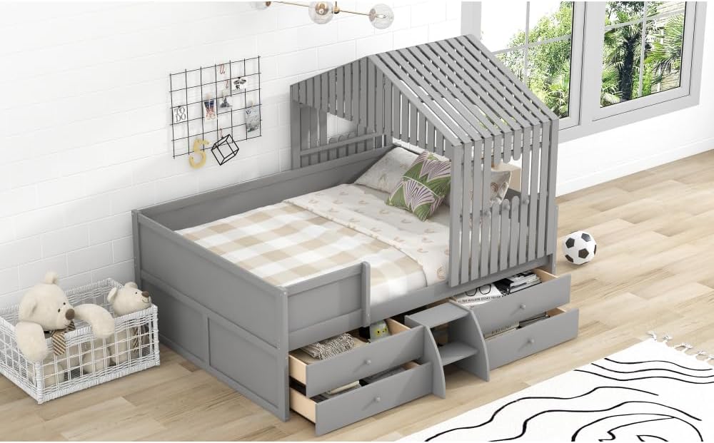 Low Loft Bed with Four Drawers, Gray N48078