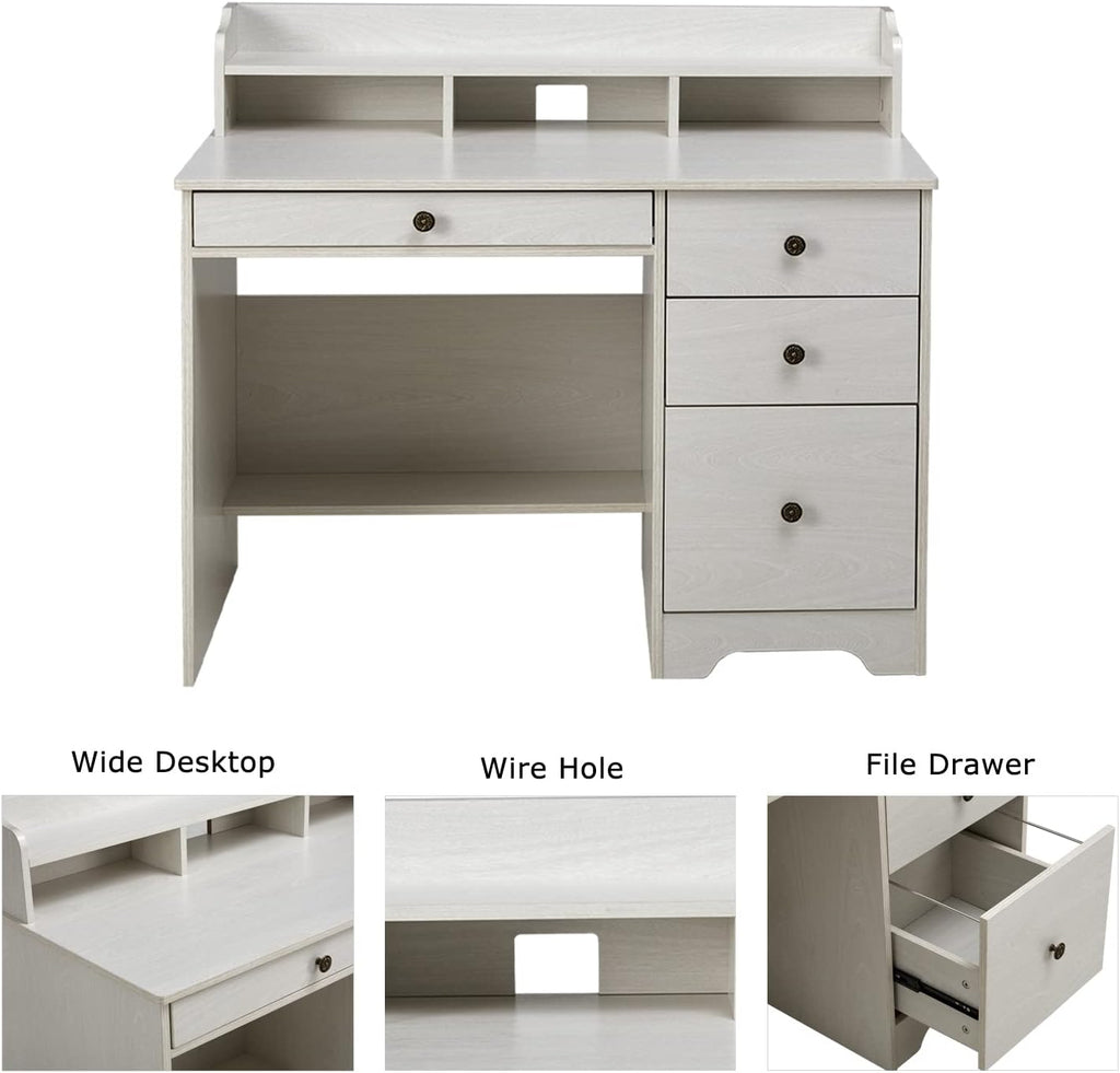 Computer Desk with 4 Storage Drawers and Hutch Shelf, Oak White Y87548