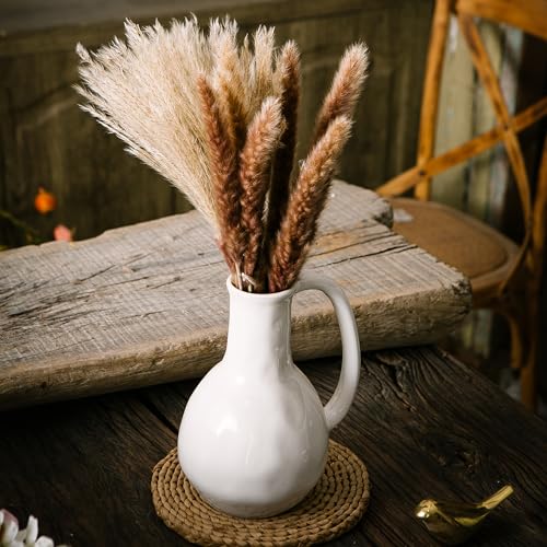 White Ceramic Vase with Double Handle, Rustic Glazed Decor P7017