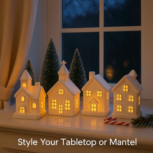9 Pcs Christmas Village Figurines Set with Lighted Ceramic Houses and Trees O3990