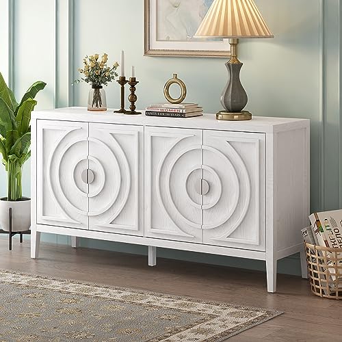 Sideboard Cabinet, Retro 4-Door Large Storage Space Buffet Cabinet with Adjustable Shelves and Circular Groove Design for Kitchen, Dining Room, Living Room (Black)