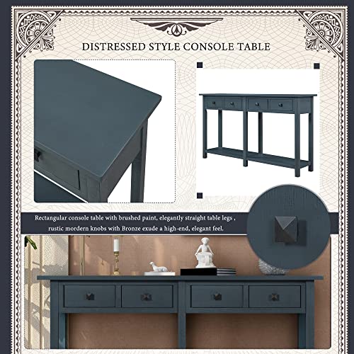 Rustic Wood Sofa Table with 4 Storage Drawers and Bottom Shelf T769104