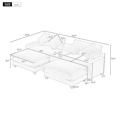 Sectional Sofa with Removable Ottoman, USB Ports, Cup Holders and Storage, 2-Seat, Beige J5144