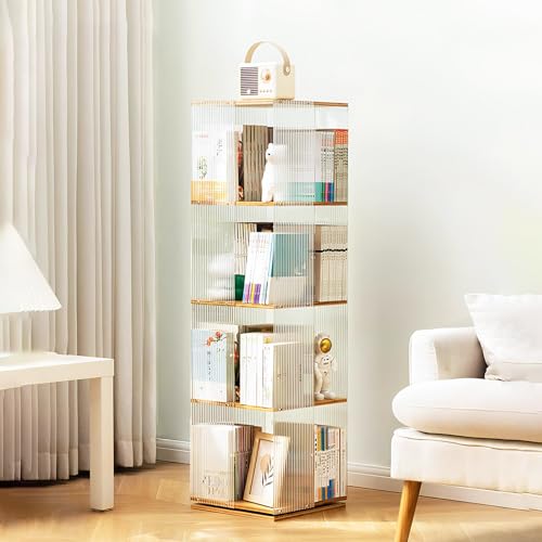 360° Rotating Bookshelf Tower, Acrylic Book Display Case, Revolving Bookcase for Kids & Adults, Space-Saving Swivel Storage Rack for Bedrooms, Living Rooms, Game Rooms, 4layer, A-style