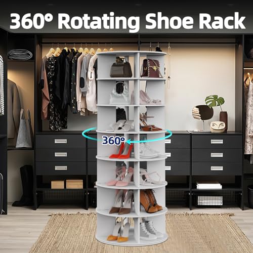 Rotating Shoe Rack 7-Tier Wood Organizer for Closet, 360° Spinning Storage Tower V579