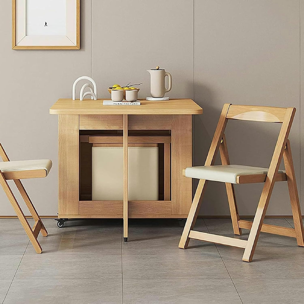 Wooden Extendable Dining Table Set with 4 Chairs, Drop Leaf, Wheels, 1 Drawer Q238