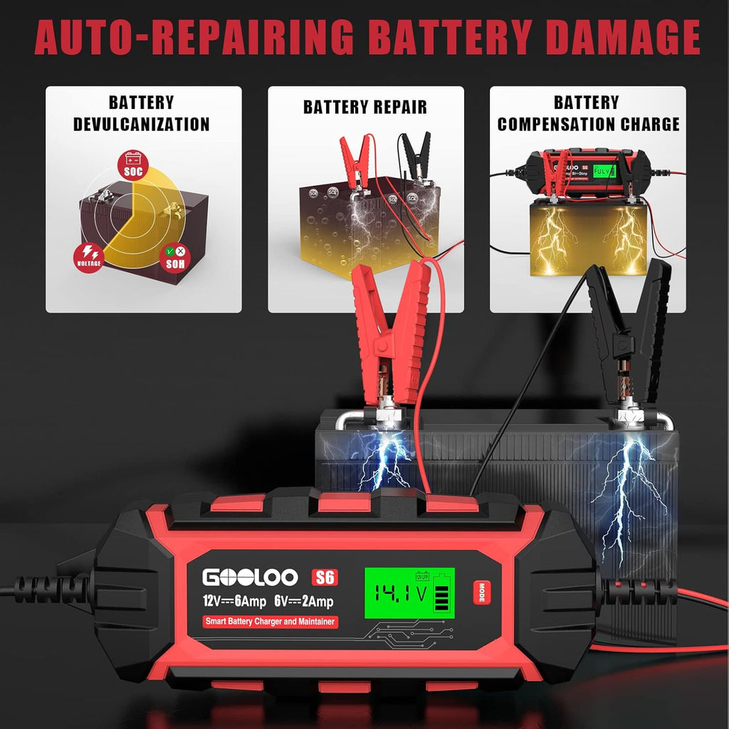 6 Amp Smart Battery Charger, 6V 12V Trickle Charger and Maintainer for Lead-Acid Battery, LCD Display G6163
