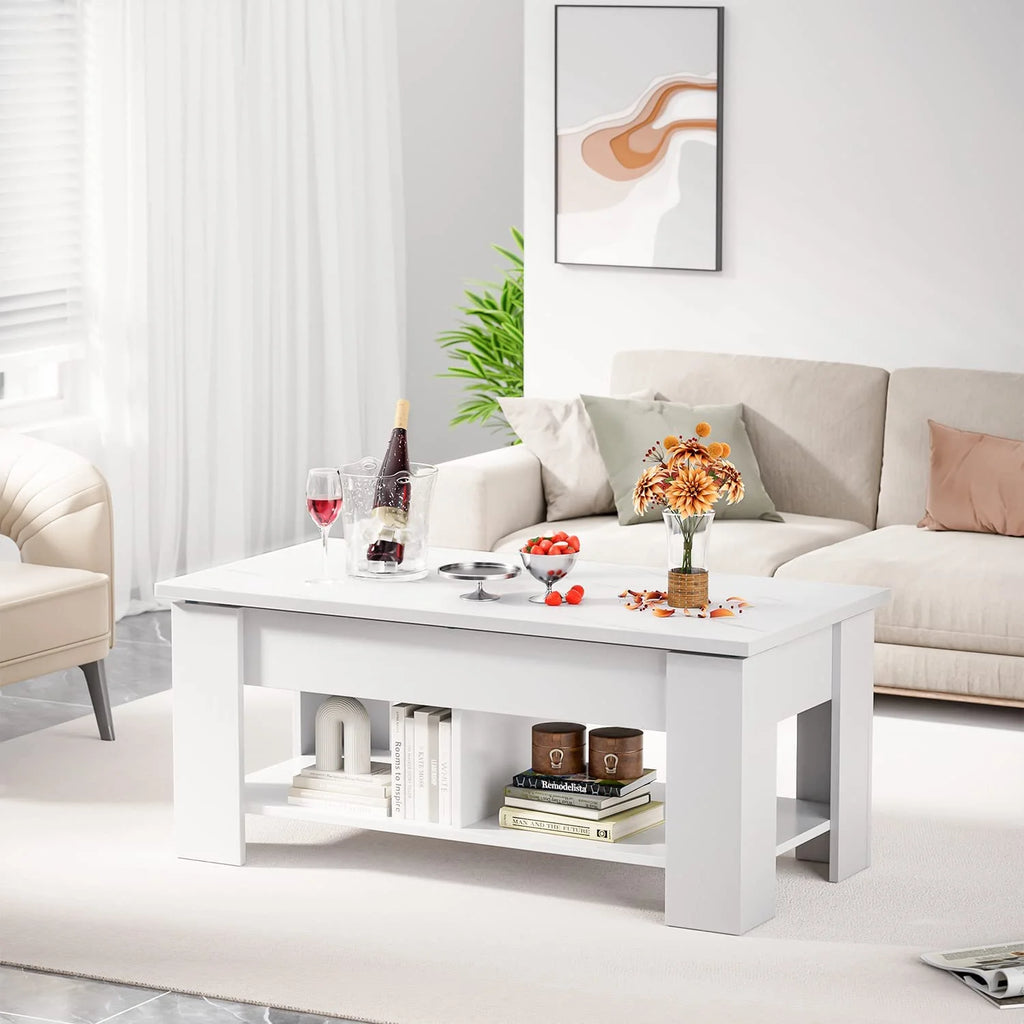 Lift Top Coffee Table Desk with Storage and Open Shelves V410