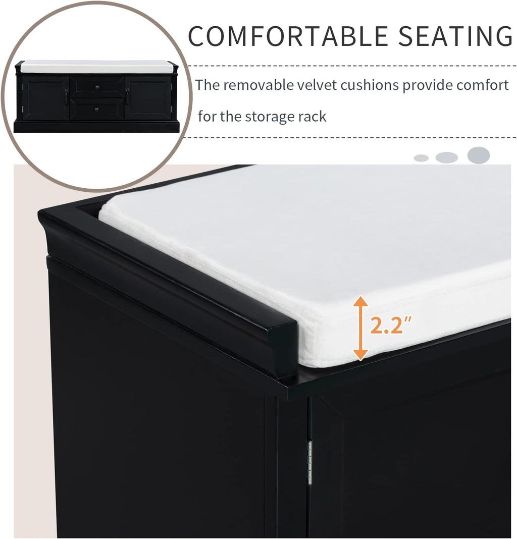 Storage Bench with 2 Drawers and 2 Cabinets, Removable Cushion, Black H95062