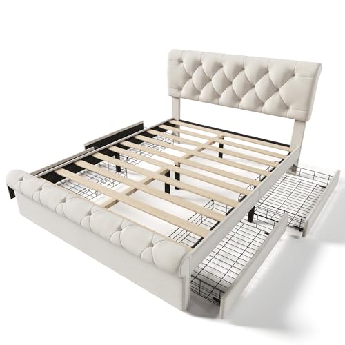 Upholstered Bed Frame with 4 Drawers and Adjustable Headboard A837467
