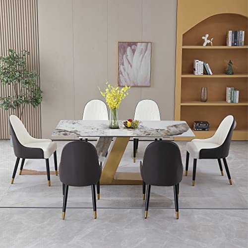 Sintered Stone Dining Table for 6-8, Rectangular with Gold Steel Base Q7198