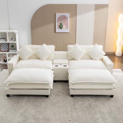 Sectional Sofa with Removable Ottoman, USB Ports, Cup Holders and Storage, 2-Seat, Beige J5144