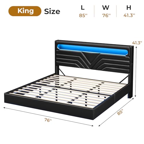 Floating Bed Frame with RGB LED Lights and USB Charging Ports, Linen Upholstered, Dark Gray I1369